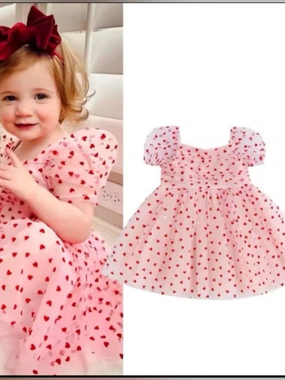 Pink Heart Print Puff Sleeve Dress for Toddler 4T